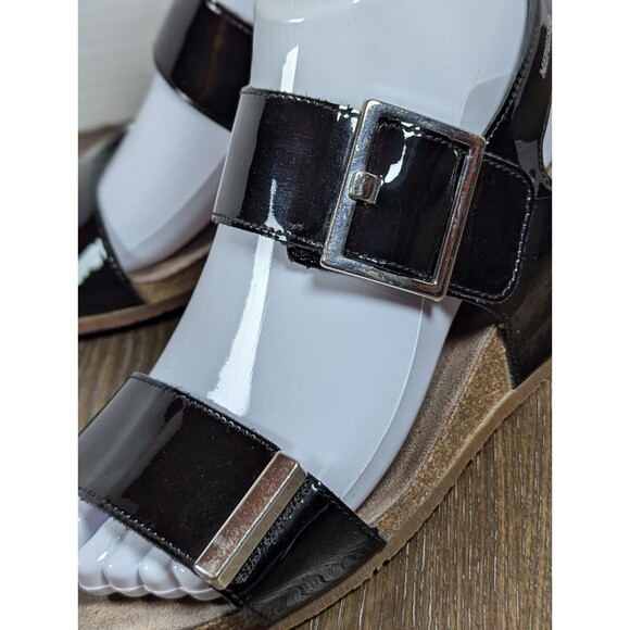 MEPHISTO Patent Leather Strap Sandals US 6.5-7 EU 37 Black Wedges Buckle Logo - Picture 4 of 14